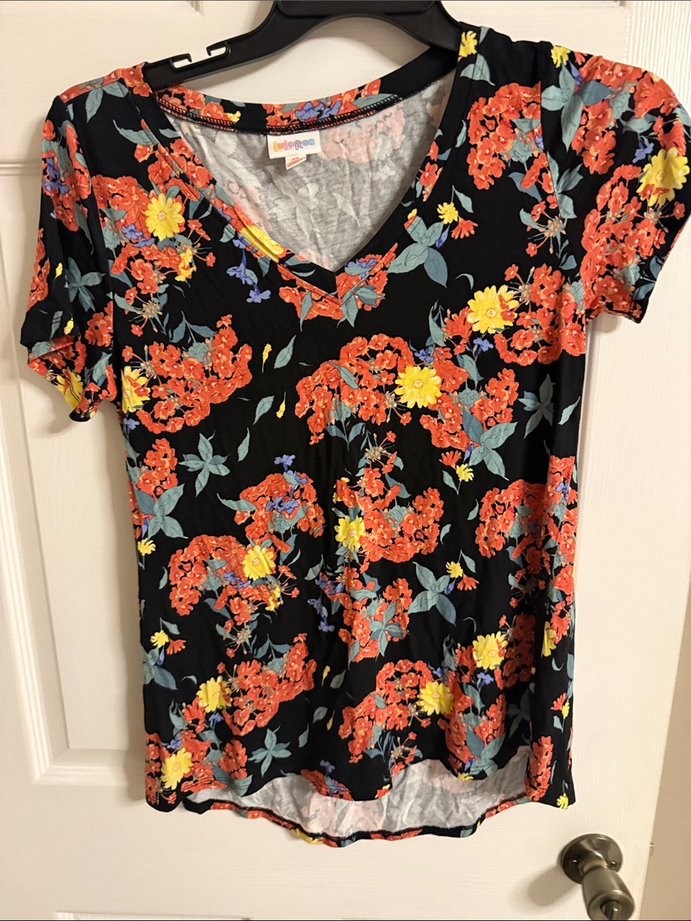 LuLaRoe Black V-Neck Tee with Orange, Yellow & Blue Floral Print